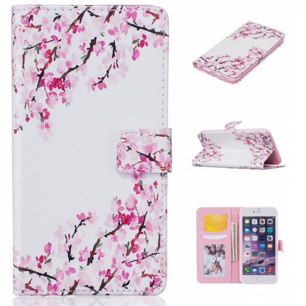 Cherry Blossom Floral Magnetic Flip Card Pockets PU Leather Phone Case Wallet