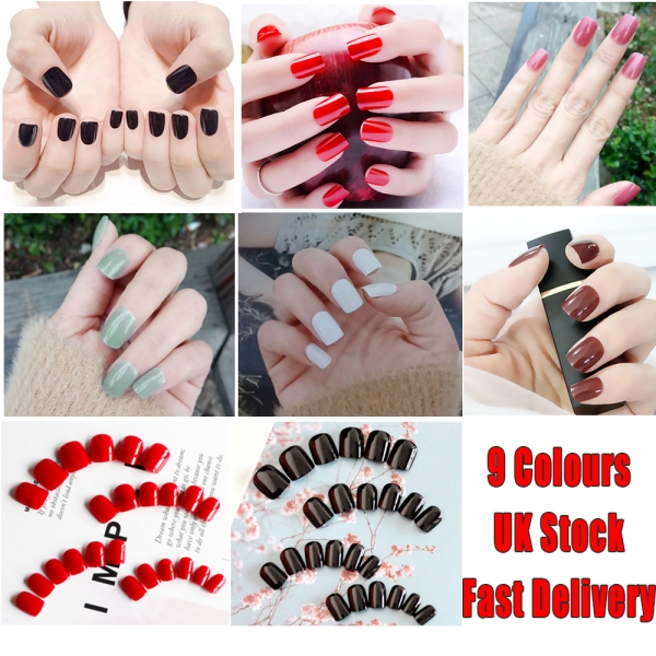 24pcs Coloured Squoval False Nail Art Tips Full Cover Fake Nails With Glue