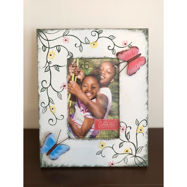 Blue Pink Butterflies 6X4 White Vintage Style Wooden Freestanding Photo Frame