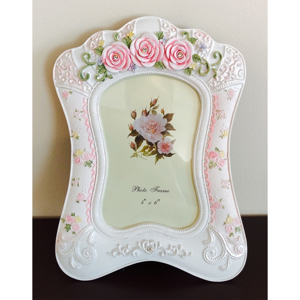 Pink Rose Flowers 6x4 White Vintage Style Freestanding Floral Photo Frame