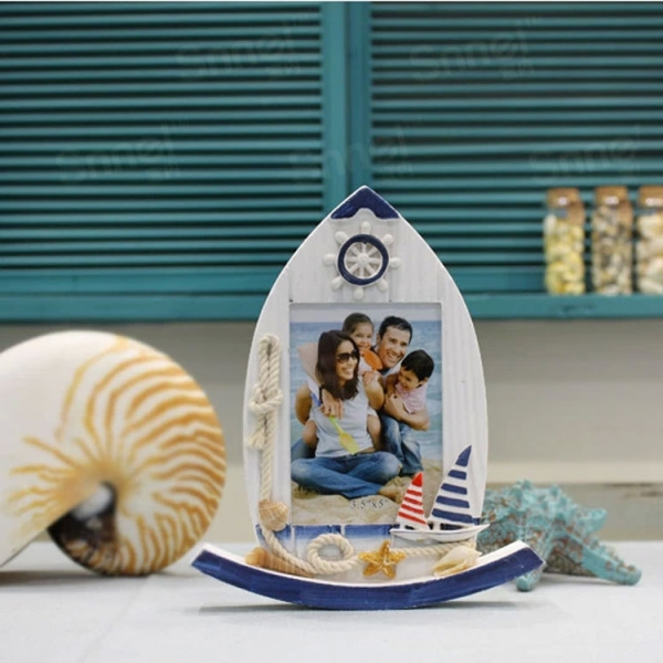 5x3.5 Seaside Holiday Beach Cottage Boat Shape Wooden Freestanding Photo Frame