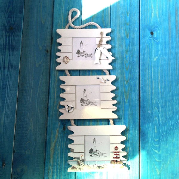 3pc Seaside Shed Seagull Shells Mediterranean Style Hanging Wooden Photo Frames