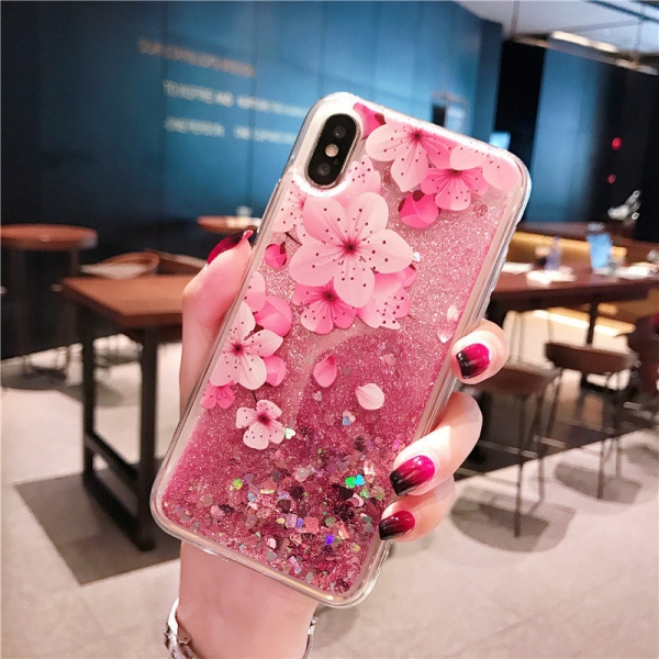 Big Peach Blossom Glitter Liquid Hard Phone Case Silicone Rubber Soft Cover iPhone 6 6S 7 8 Plus X X