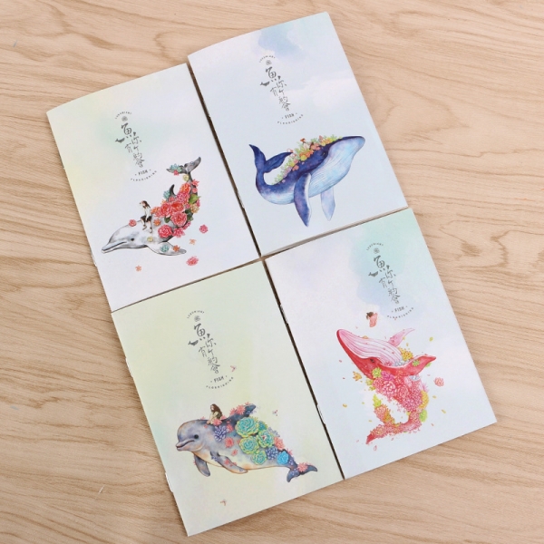 4pk Whale Dolphin In Flowers Cute Mini Notebooks Small Notepads Pocket Memo Pads