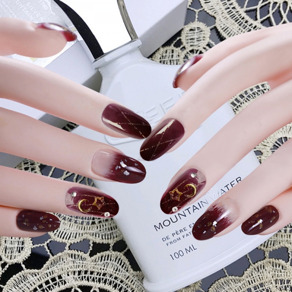 24pcs Wine Red Moon Stars False Nail Art Tips Full Cover Fake Nails With Glue