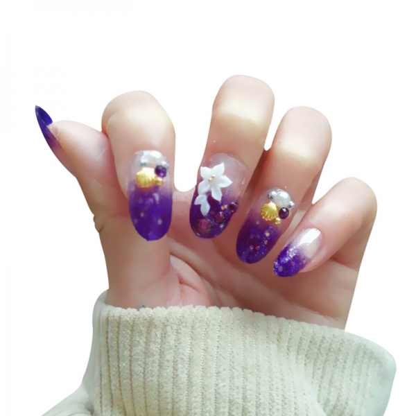 24pcs Purple False Nail Art Tips White Flowers Full Cover Fake Nails With Glue