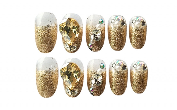 24pcs Gold Dust Glitter Diamante False Nail Tips Full Cover Fake Nails With Glue