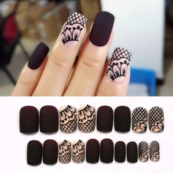 24pcs Flowers Patterned Dark Red False Nail Tips Full Cover Fake Nails With Glue