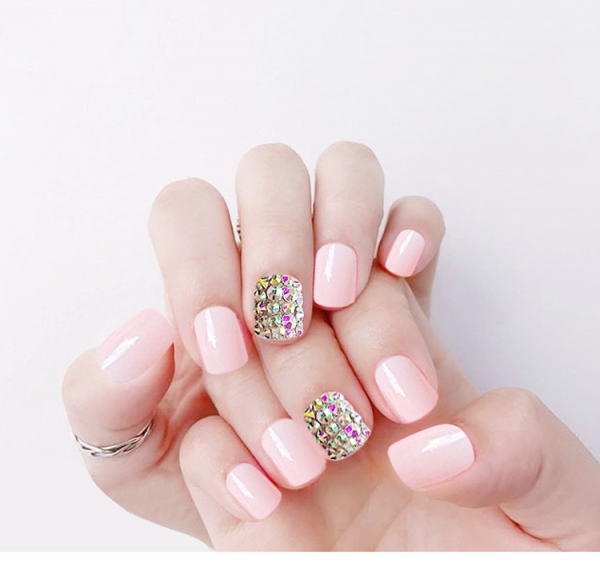 24pcs Crystal Diamante Pink False Nail Art Tips Full Cover Fake Nails With Glue