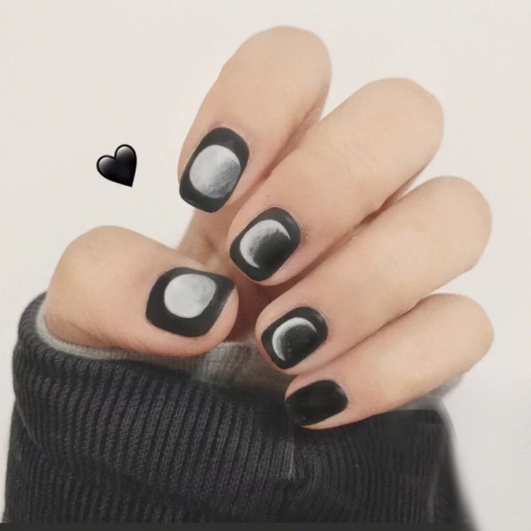 24pcs Moons Night Sky Black False Nail Art Tips Full Cover Fake Nails With Glue