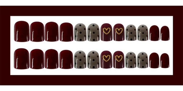 24pcs Wine Red Dots Pattern False Nail Art Tips Full Cover Fake Nails With Glue