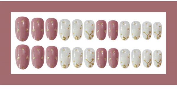 24pcs Gold Dust Glitter Purple White False Nail Art Tips Full Cover Fake Nails