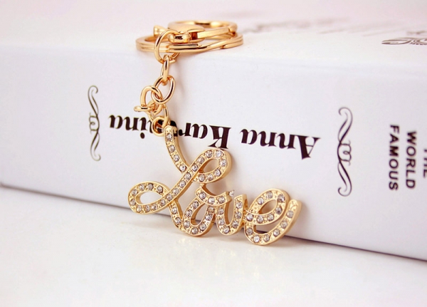 Gold Love Letter Crystal Diamante Bag Charms Handbag Keyrings Pendant Key Chain