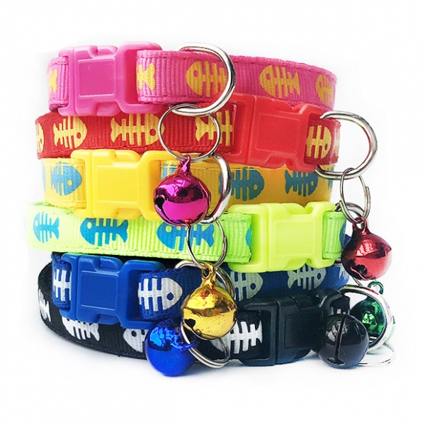 Fish Bones Patterned Cat Collar Adjustable Kitten Puppy Dog Pet Bell Snap Buckle