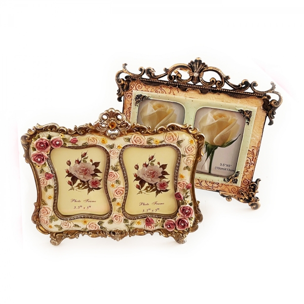 Vintage Relief Gold Swept Pink Rose Flowers Freestanding Double Duo Photo Frame
