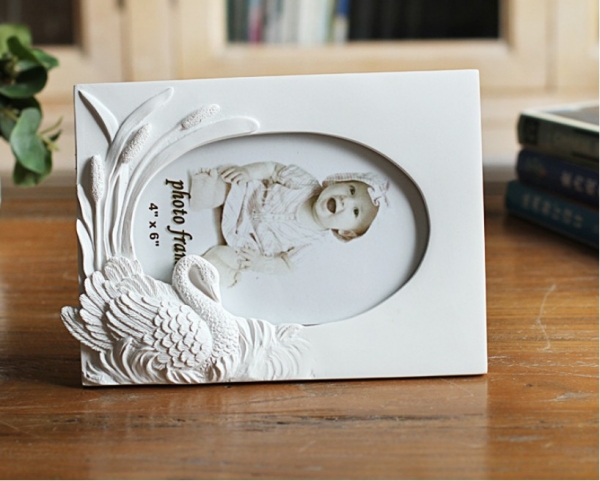 White Frame with Swan 6x4 Inch Freestanding Portrait Photo Frame