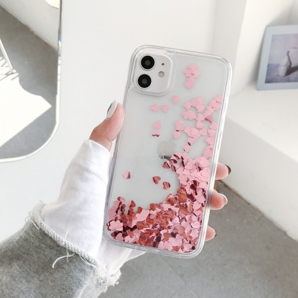 Big Pink Heart Glitter Liquid Hard Phone Case Silicone Rubber Soft Cover iPhone 6 6S 7 8 Plus X XR X