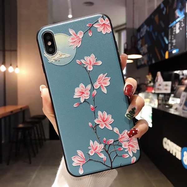 Landscape Painting Blue Background With Moon And Pink Flower Glitter Liquid Hard Phone Case Silicone