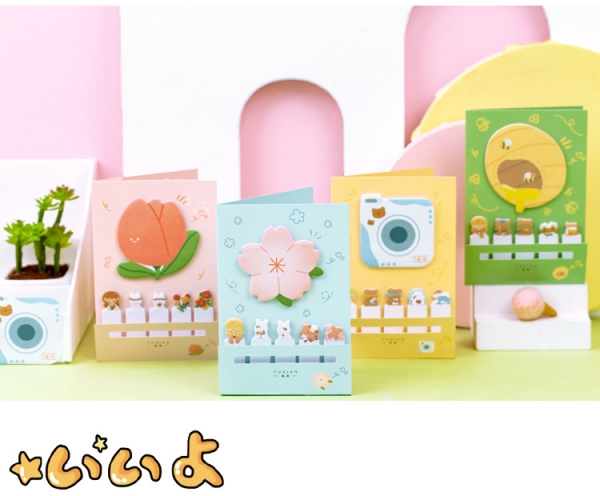 Japanese Girl Bear Flowers Cute Sticky Notes Pad Novelty Bookmark Page Markers