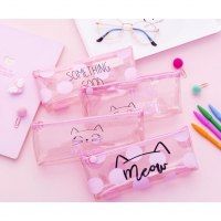 Pink Cat See Through Transparent Pencil Case Girls Cute Cosmetics Makeup Bag