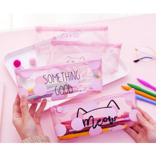 Cheap Cute Cat Pencil Cases for Girls Pink Transparent Pen Bag