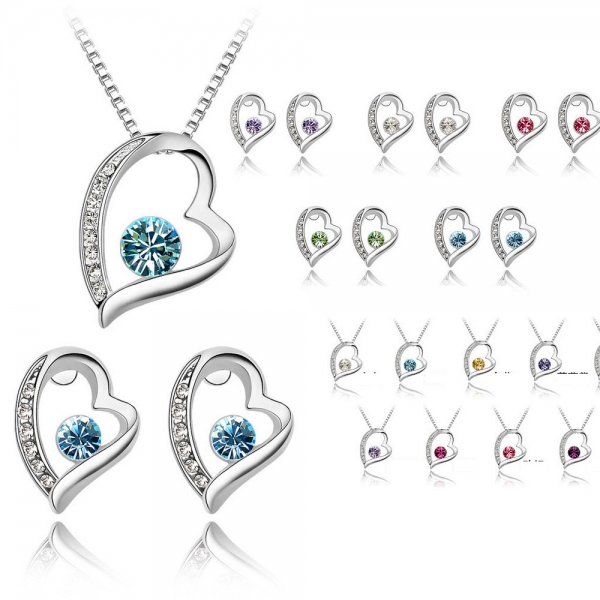 Heart Pendant Silver Necklace And Earrings Set Costume Jewelry Crystal Diamante