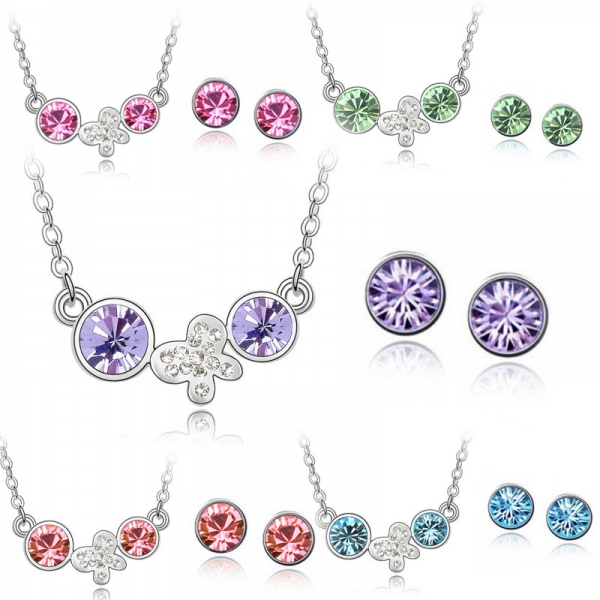 Silver Crystal Diamante Butterfly Necklace And Earrings Set Costume Jewellery