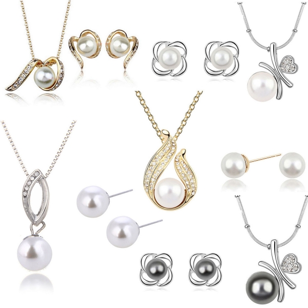 White Pearls Crystal Diamante Silver Necklace And Earrings Set Costume Jewellery