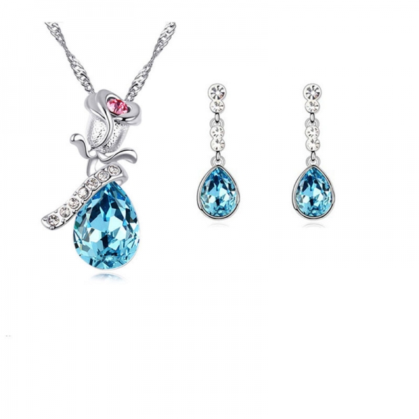 Rose Flower Silver Necklace And Earrings Set Costume Jewellery Crystal Diamante Rhinestones