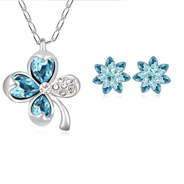 Clover Flower Silver Necklace And Earrings Set Costume Jewellery Crystal Diamante Rhinestones