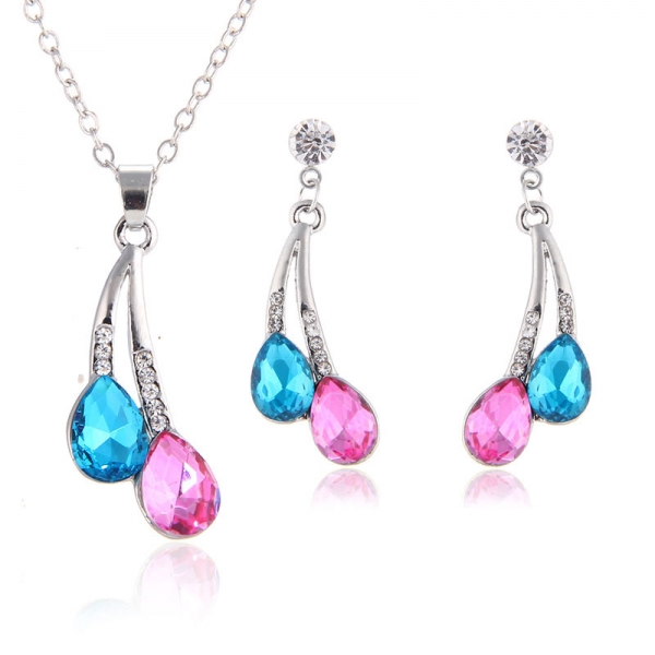 Blue Red Crystal Diamante Water Drop Droplet Silver Necklace And Earrings Set
