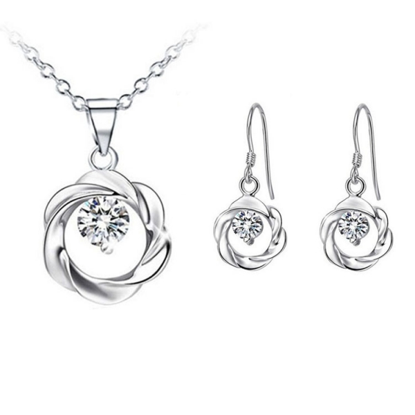 Flower Ring Silver Necklace And Earrings Set Costume Jewellery Crystal Diamante Rhinestones
