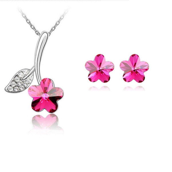 Cherry Flower Silver Necklace And Earrings Set Costume Jewellery Crystal Diamante Rhinestones