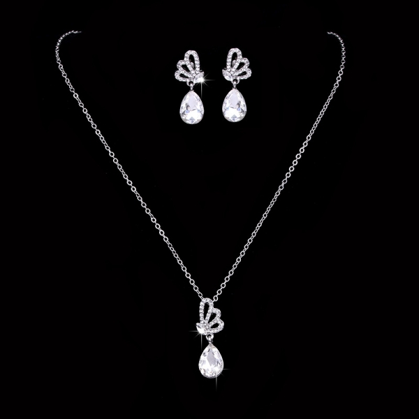 Crystal Diamante Butterfly Silver Necklace And Earrings Set Costume Jewellery
