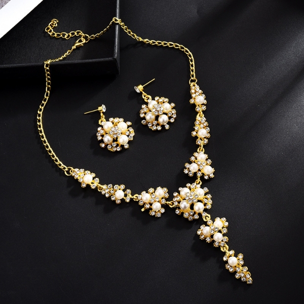 Gold Pearls Silver Necklace And Earrings Set Costume Jewellery Crystal Diamante Rhinestones
