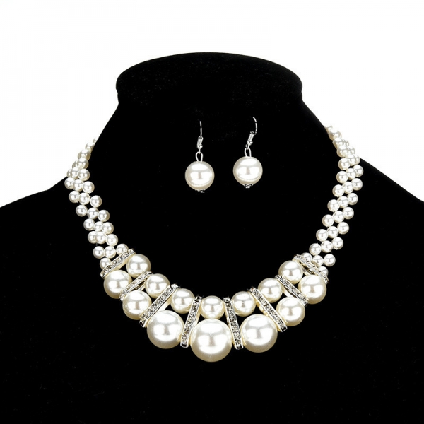 Large White Pearls Crystal Diamante Necklace And Earrings Set Costume Jewellery