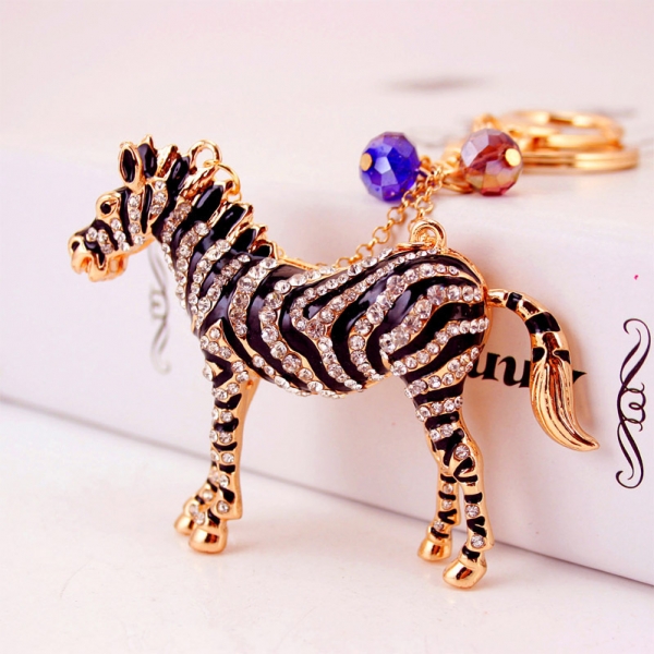 Zebra Horse Animals Silver Black Crystal Bag Charms Womens Handbag Keyrings