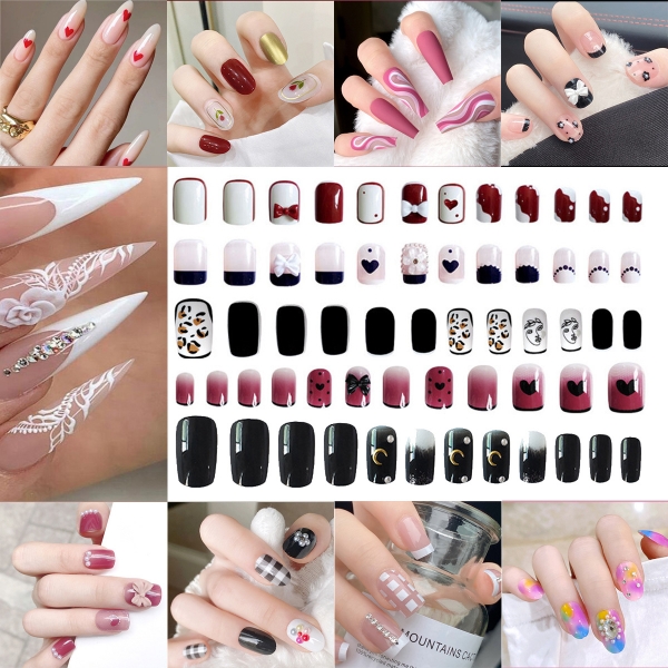 24pcs Pre-Designed Diamante Pink Red Black False Nail Art Tips Press On Nails