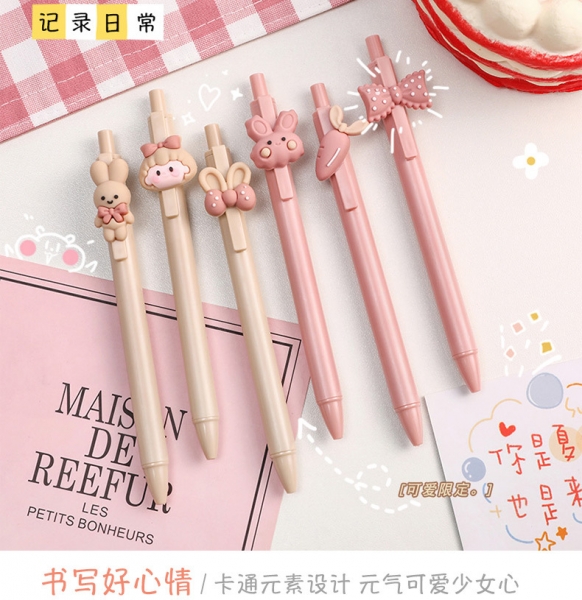 6pk Girls Rabbit Pink Bow Tie Ballpoint Gel Pens Kids Party Gift Bag Fillers