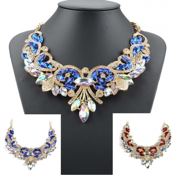 Blue Red Crystal Leaves Flowers Necklace Collar Statement Fashion Lady Jewellery