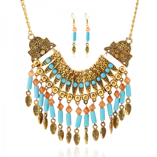 Gold Silver Metal Leaves Tassels Statement Necklace Earrings Costume Jewellery