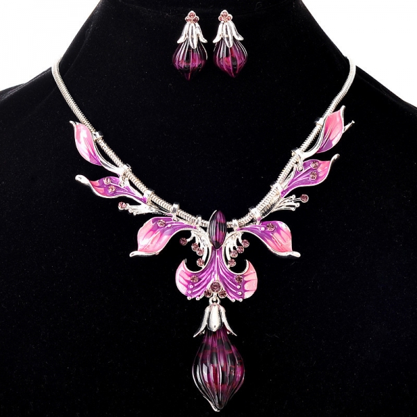 Purple Pink Fuchsia Flower Petals Silver Necklace Earrings Set Costume Jewellery