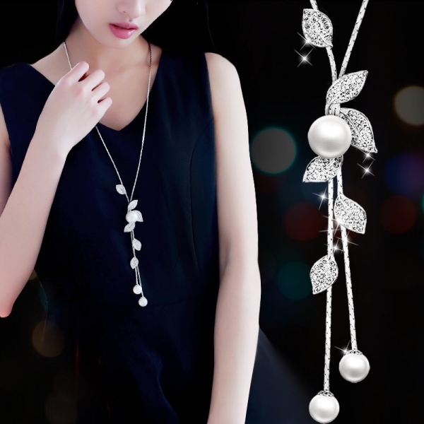 Large Pearl Flower Crystal Leaves Necklace Pendant Silver Fashion Lady Jewellery