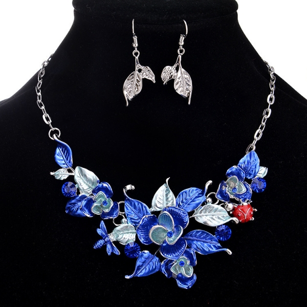 Blue Flowers Red Ladybird Silver Necklace And Earrings Set Costume Jewellery
