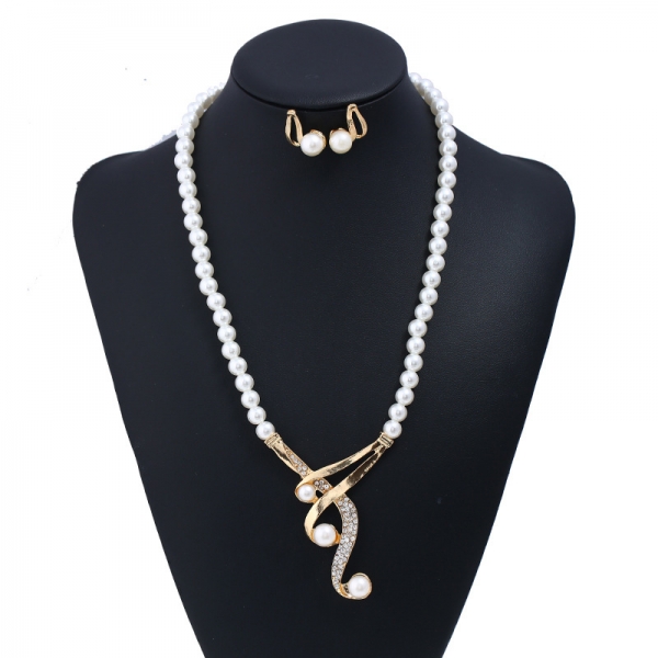 Gold Music Notes White Pearls Crystal Necklace Earrings Set Costume Jewellery