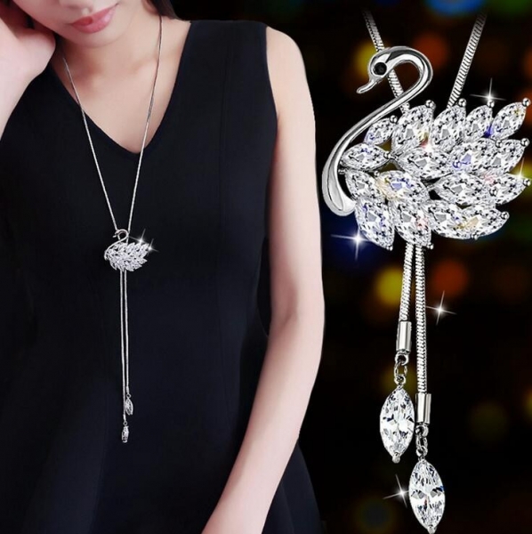 Silver Crystal Swan Necklace Pendant Fashion Women Costume Jewellery