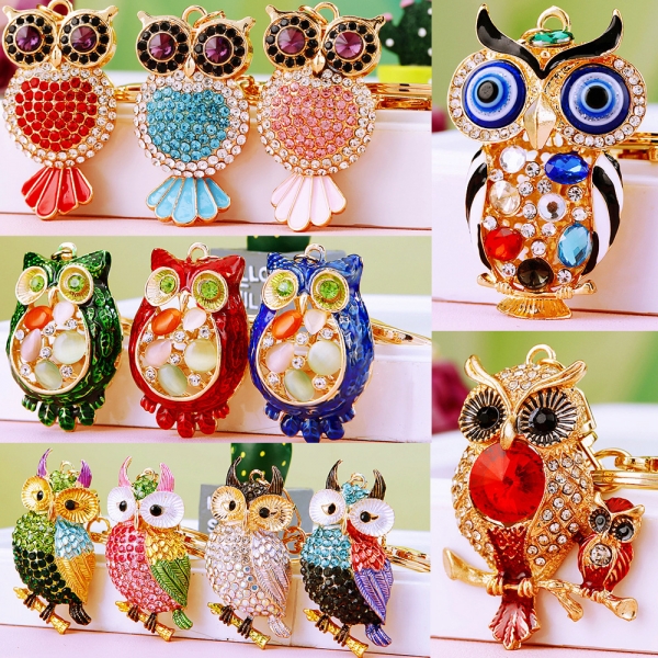 Cute Owls Animal Bird Crystal Diamante Bag Charms Handbag Women Keyring Pendant