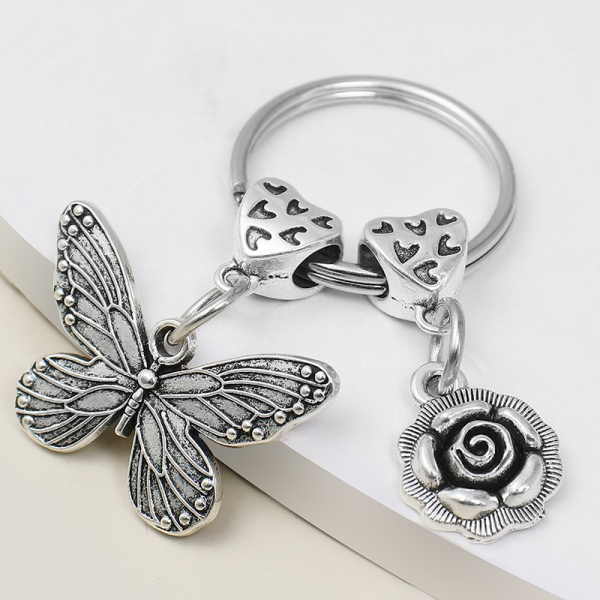 Antiqued Silver Butterfly Rose Flower Keyring Nature Animal Insect Lovers Gift