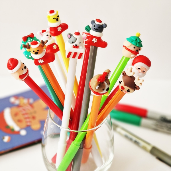 12pk Santa Claus Xmas Tree Ballpoint Gel Pens Kids Christmas Stocking Fillers