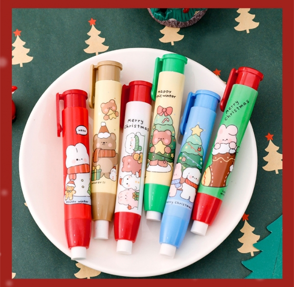 Cute Christmas Pen Shaped Retractable Rubber Erasers Xmas Stocking Bag Fillers